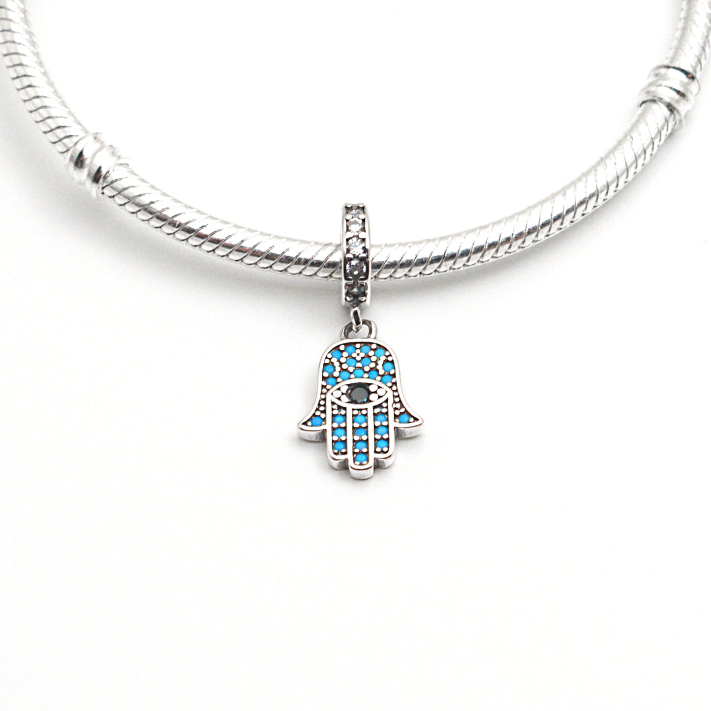 MariaFonte Charm Ciondolo Mano Portafortuna Occhio Blu in Argento 925 Compatibile con Collane e Bracciali