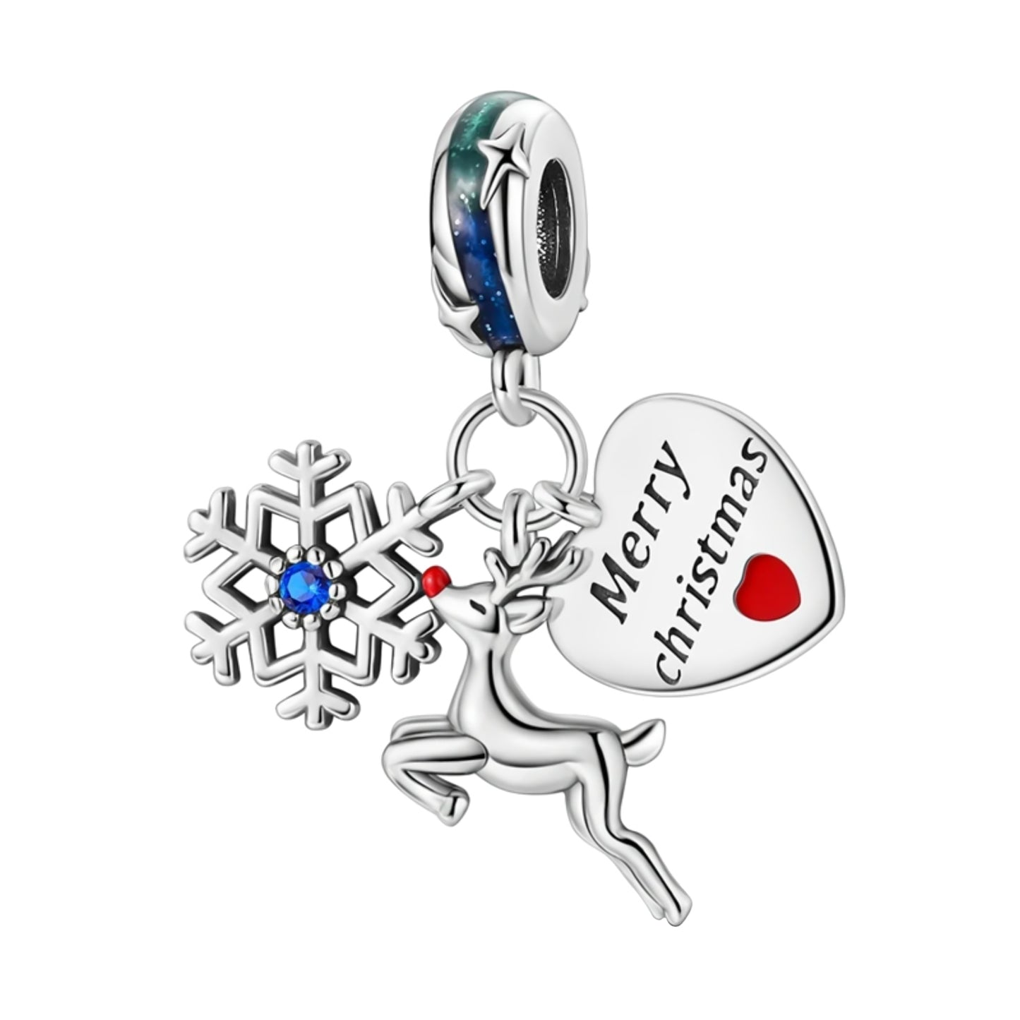 MariaFonte Charm Cuore Merry Christmas Renna Neve Portafortuna Argento 925 Zirconia Compatibile con Collane e Bracciali Pandora