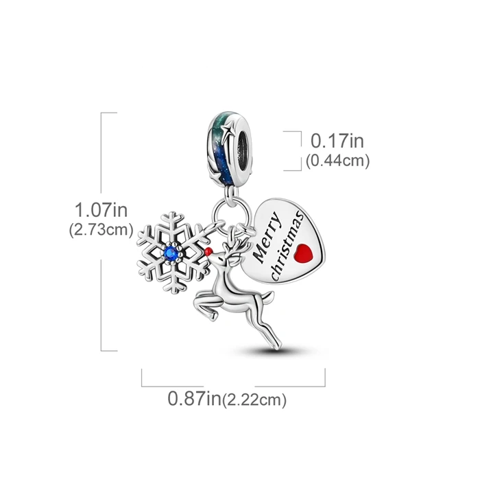 MariaFonte Charm Cuore Merry Christmas Renna Neve Portafortuna Argento 925 Zirconia Compatibile con Collane e Bracciali Pandora