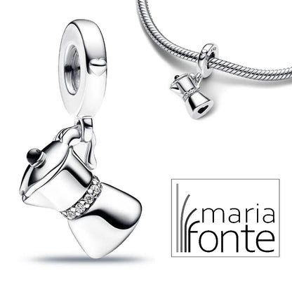 MariaFonte Bead Charm Moka Caffettiera Coperchio Apribile Argento 925 Zirconia Compatibile con Collane e Bracciali Pandora