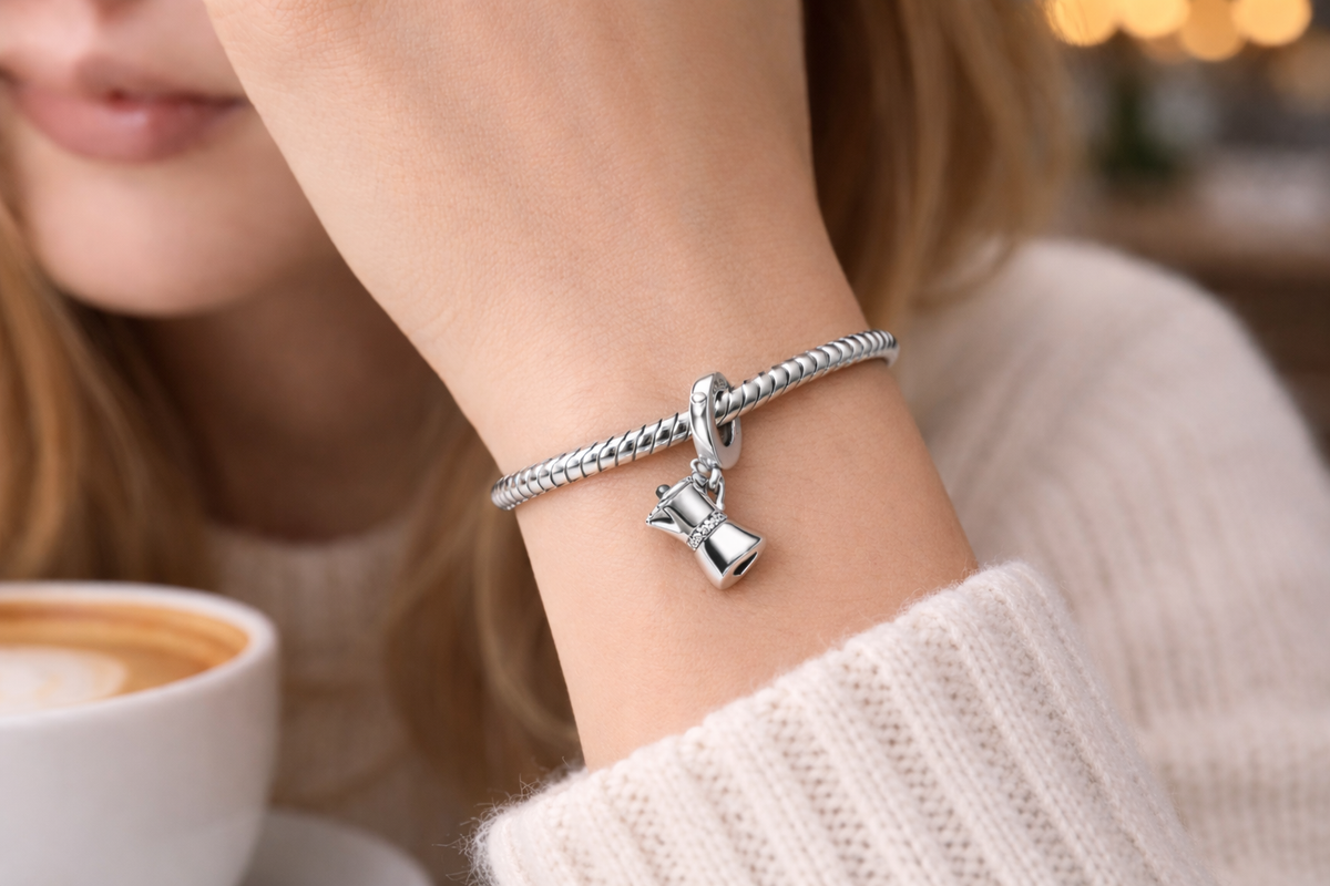 MariaFonte Bead Charm Moka Caffettiera Coperchio Apribile Argento 925 Zirconia Compatibile con Collane e Bracciali Pandora