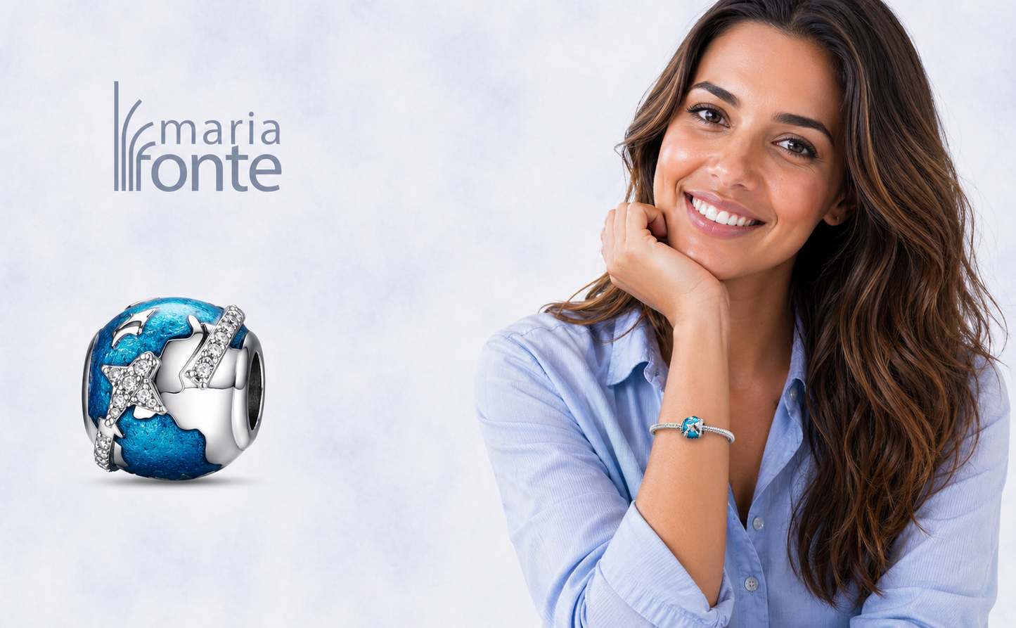 Maria Fonte-Bead Charm Ciondolo alla Scoperta del Mondo in Argento 925 con Zirconia Compatibile con Collane e Bracciali Pandora