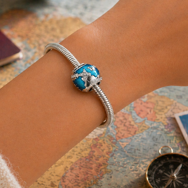 Maria Fonte-Bead Charm Ciondolo alla Scoperta del Mondo in Argento 925 con Zirconia Compatibile con Collane e Bracciali Pandora
