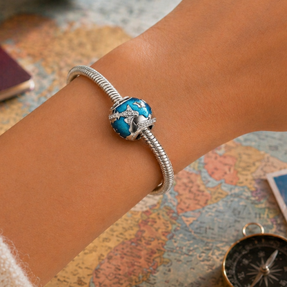 Maria Fonte-Bead Charm Ciondolo alla Scoperta del Mondo in Argento 925 con Zirconia Compatibile con Collane e Bracciali Pandora