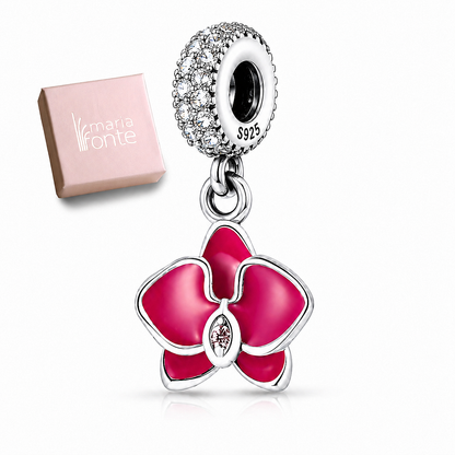 MariaFonte Charm Orchidea Rosa Argento 925 con Zirconia Compatibile con Collane e Bracciali Pandora