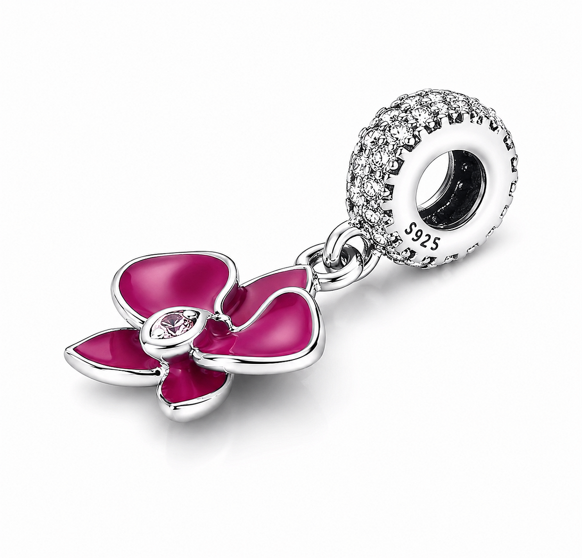 MariaFonte Charm Orchidea Rosa Argento 925 con Zirconia Compatibile con Collane e Bracciali Pandora