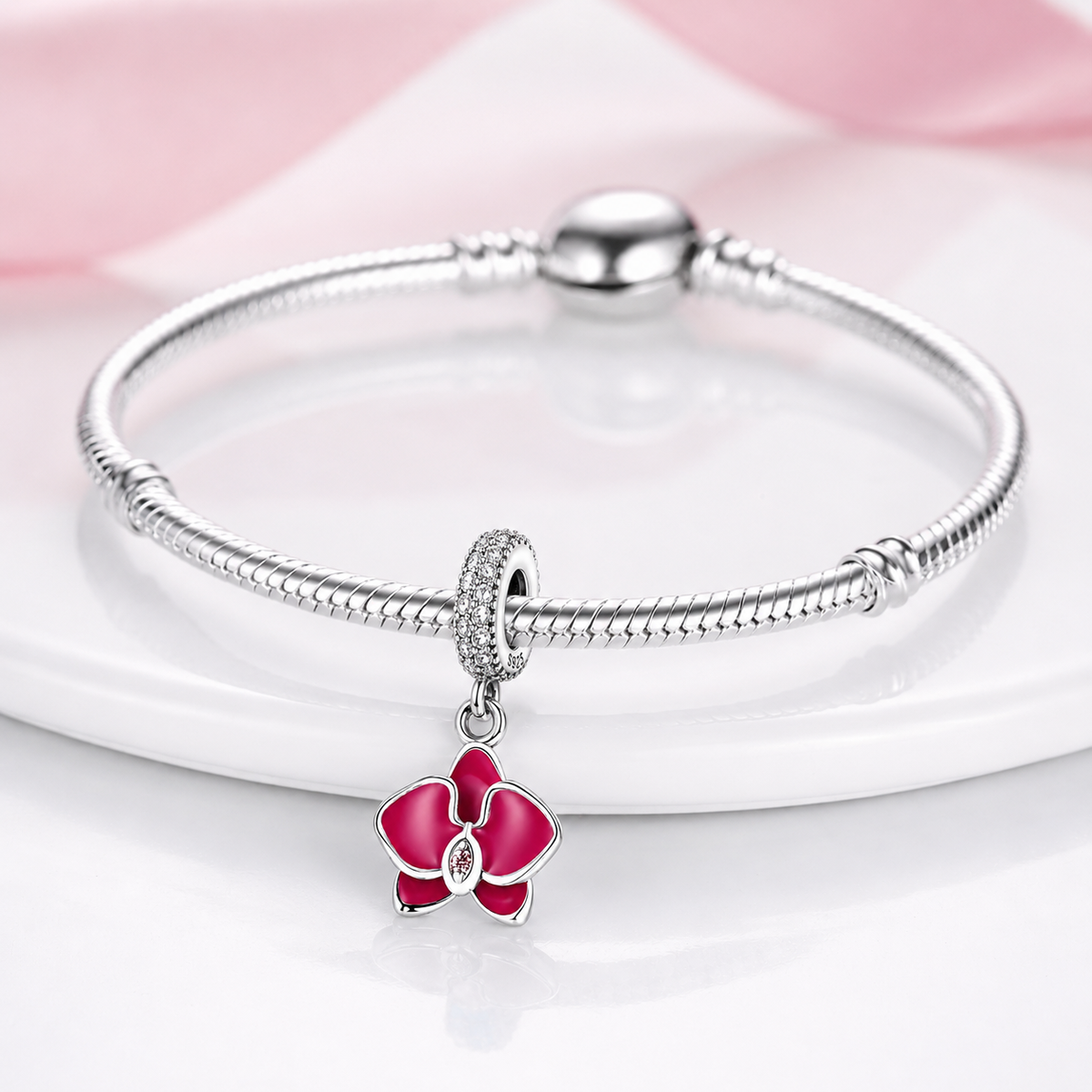 MariaFonte Charm Orchidea Rosa Argento 925 con Zirconia Compatibile con Collane e Bracciali Pandora