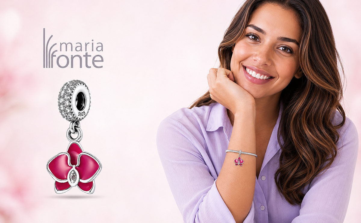 MariaFonte Charm Orchidea Rosa Argento 925 con Zirconia Compatibile con Collane e Bracciali Pandora