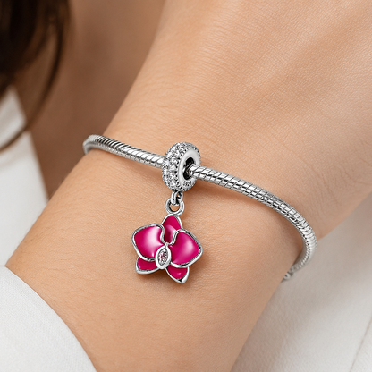 MariaFonte Charm Orchidea Rosa Argento 925 con Zirconia Compatibile con Collane e Bracciali Pandora