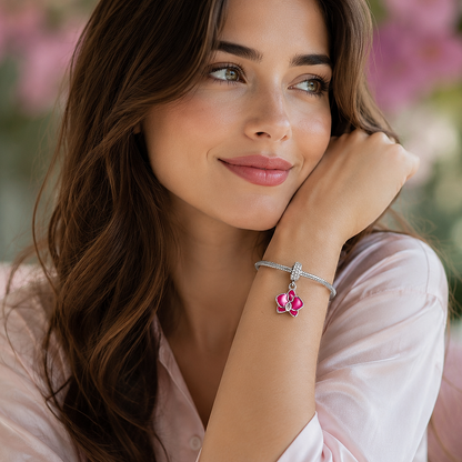 MariaFonte Charm Orchidea Rosa Argento 925 con Zirconia Compatibile con Collane e Bracciali Pandora