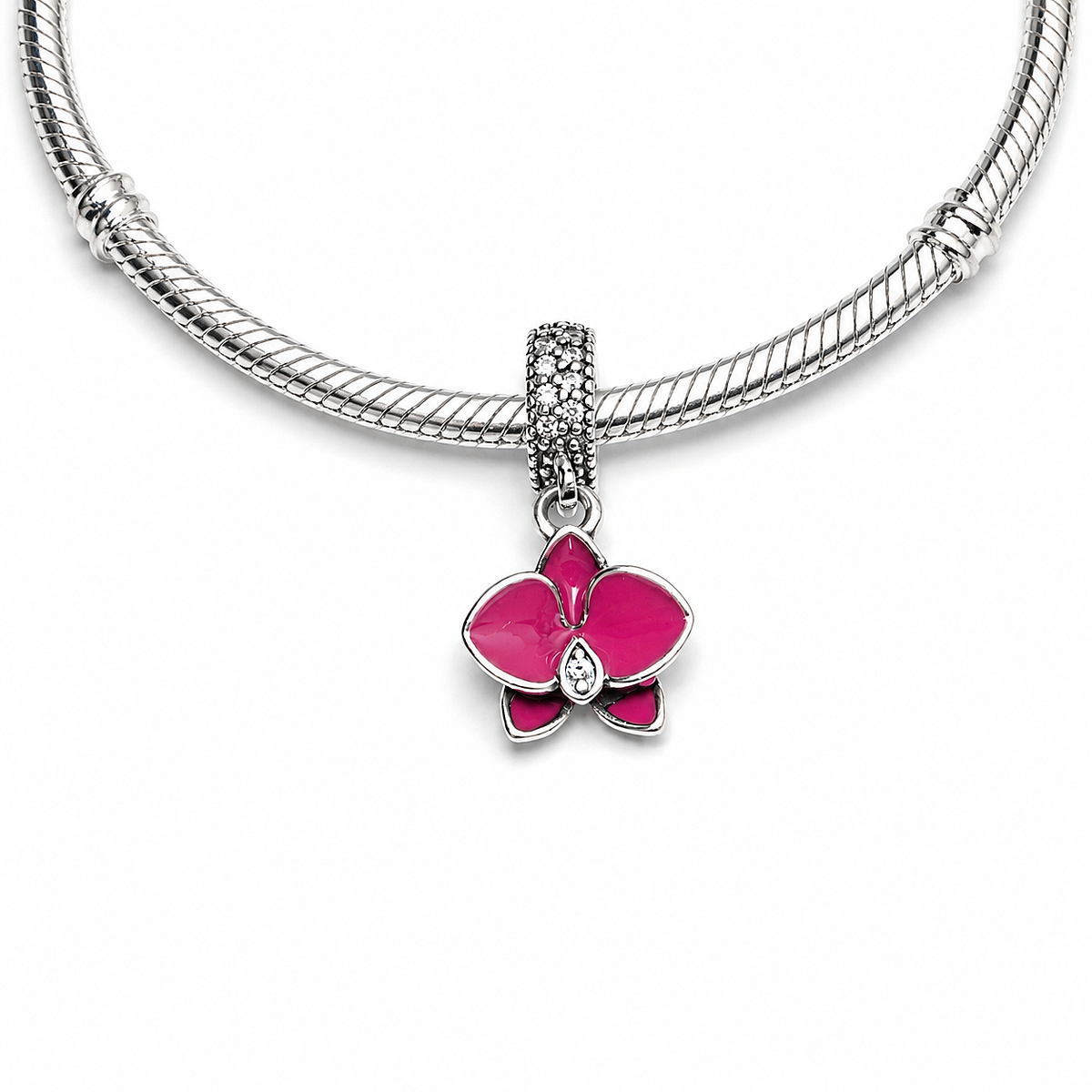 MariaFonte Charm Orchidea Rosa Argento 925 con Zirconia Compatibile con Collane e Bracciali Pandora