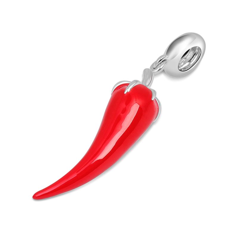 MariaFonte Charm Ciondolo Pendente Portafortuna Corno Cornetto Peperoncino Rosso  Argento 925 Compatibile con Collane e Bracciali Pandora