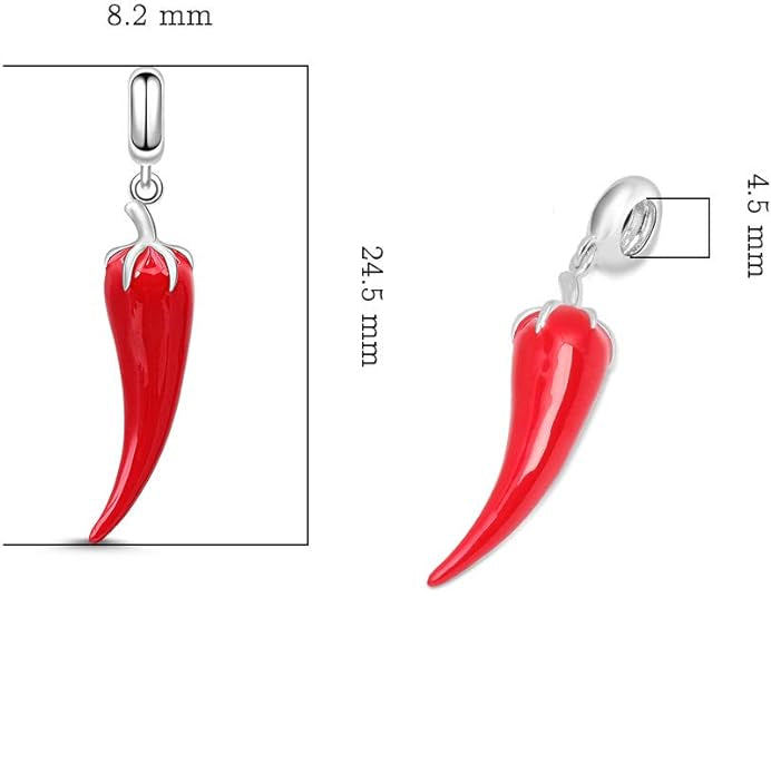 MariaFonte Charm Ciondolo Pendente Portafortuna Corno Cornetto Peperoncino Rosso  Argento 925 Compatibile con Collane e Bracciali Pandora