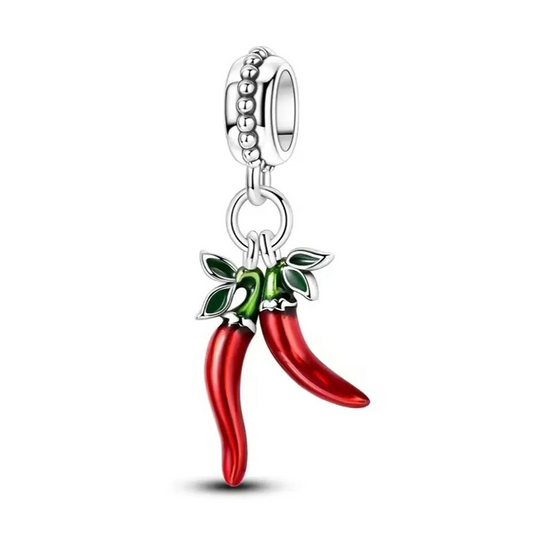 MariaFonte Charm Ciondolo Pendente Portafortuna Corno Cornetto Doppio Peperoncino Rosso  Argento 925 Compatibile con Collane e Bracciali Pandora