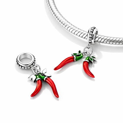 MariaFonte Charm Ciondolo Pendente Portafortuna Corno Cornetto Doppio Peperoncino Rosso  Argento 925 Compatibile con Collane e Bracciali Pandora