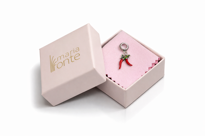 MariaFonte Charm Ciondolo Pendente Portafortuna Corno Cornetto Doppio Peperoncino Rosso  Argento 925 Compatibile con Collane e Bracciali Pandora