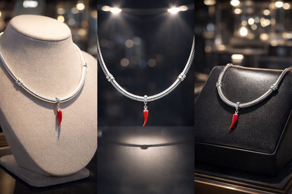 MariaFonte Charm Ciondolo Pendente Portafortuna Corno Cornetto Peperoncino Rosso  Argento 925 Compatibile con Collane e Bracciali Pandora