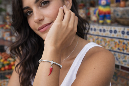 MariaFonte Charm Ciondolo Pendente Portafortuna Corno Cornetto Peperoncino Rosso  Argento 925 Compatibile con Collane e Bracciali Pandora