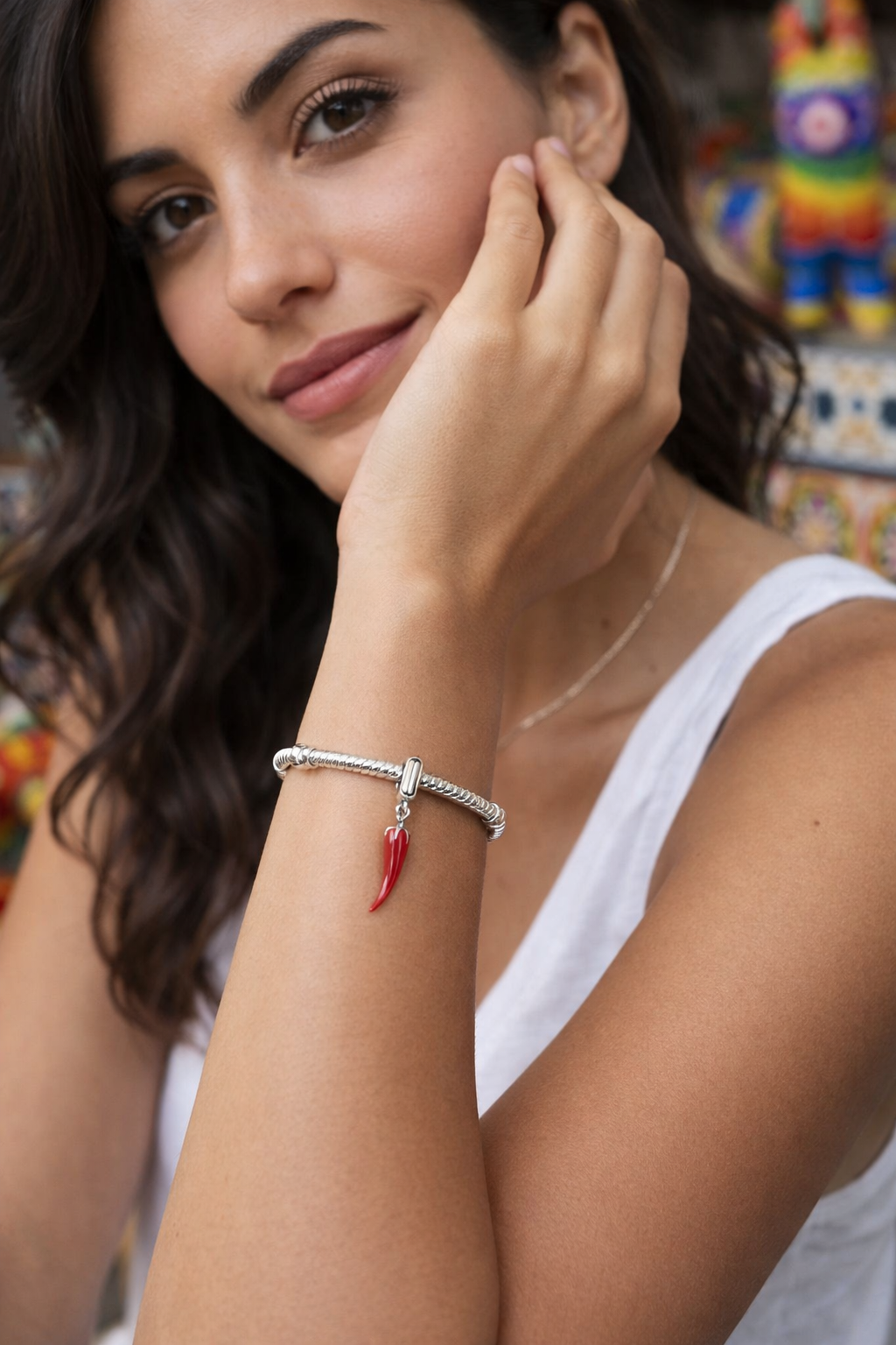MariaFonte Charm Ciondolo Pendente Portafortuna Corno Cornetto Peperoncino Rosso  Argento 925 Compatibile con Collane e Bracciali Pandora