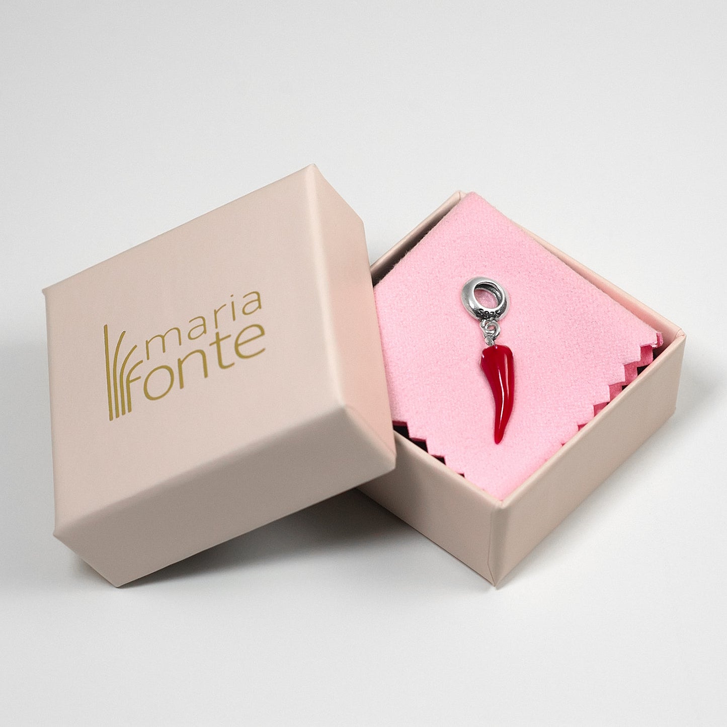 MariaFonte Charm Ciondolo Pendente Portafortuna Corno Cornetto Peperoncino Rosso  Argento 925 Compatibile con Collane e Bracciali Pandora