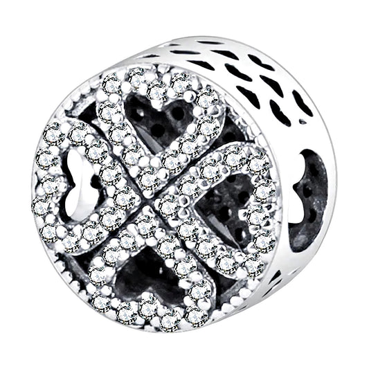 Maria Fonte Bead Charm Quadrifoglio Cuori Portafortuna Argento 925 Zirconia Compatibile con Collane e Bracciali Pandora