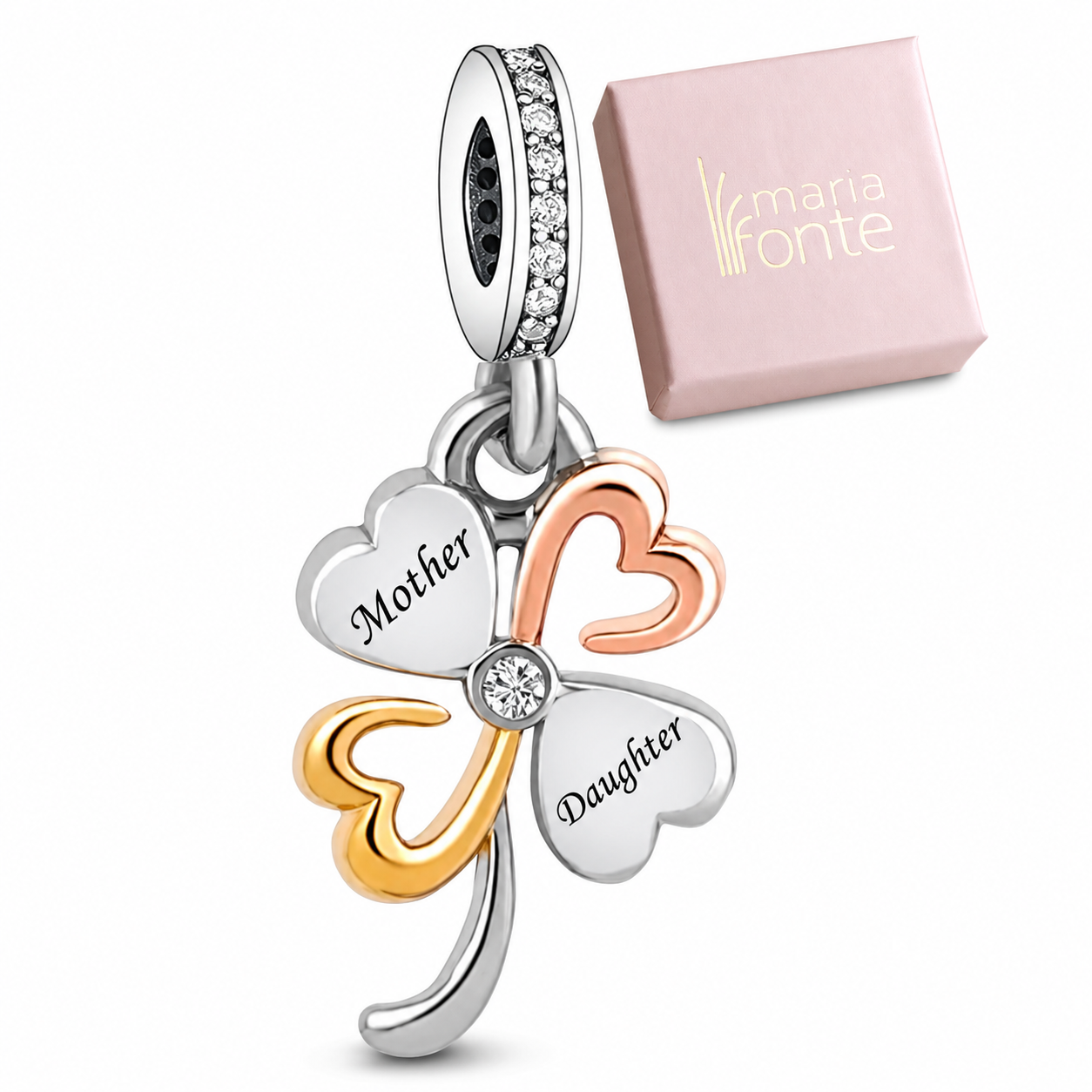 Maria Fonte Bead Charm Ciondolo Quadrifoglio Madre Figlio Portafortuna in Argento 925 con Zirconia Compatibile con Collane e Bracciali Pandora