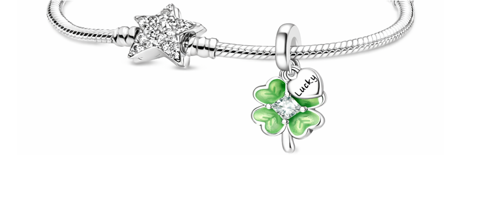 MariaFonte Bead Charm Quadrifoglio Verde Portafortuna Cuore 'lucky' in Argento Compatibile
