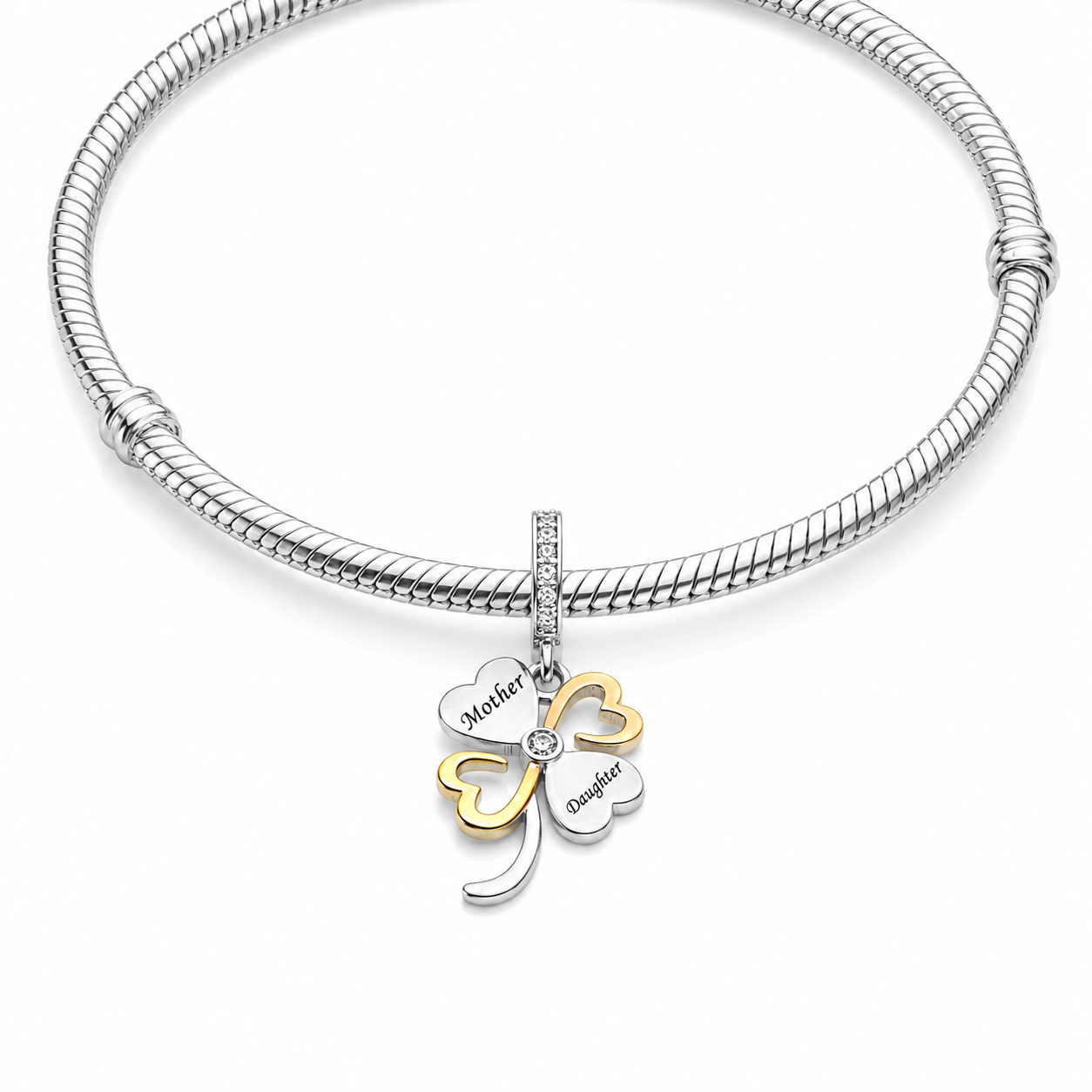 Maria Fonte Bead Charm Ciondolo Quadrifoglio Madre Figlio Portafortuna in Argento 925 con Zirconia Compatibile con Collane e Bracciali Pandora