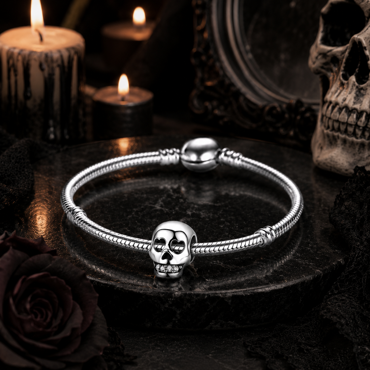 MariaFonte Bead Charm Teschio in Argento 925 con Zirconia Compatibile con Collane e Bracciali Pandora