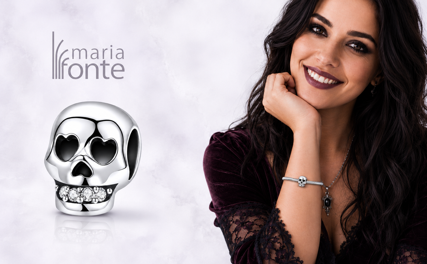 MariaFonte Bead Charm Teschio in Argento 925 con Zirconia Compatibile con Collane e Bracciali Pandora