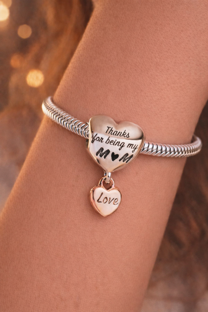 MariaFonte Bead Charm Cuore Thanks for being my Mom (grazie per essere la mia mamma) Argento 925 Compatibile con Collane e Bracciali Pandora