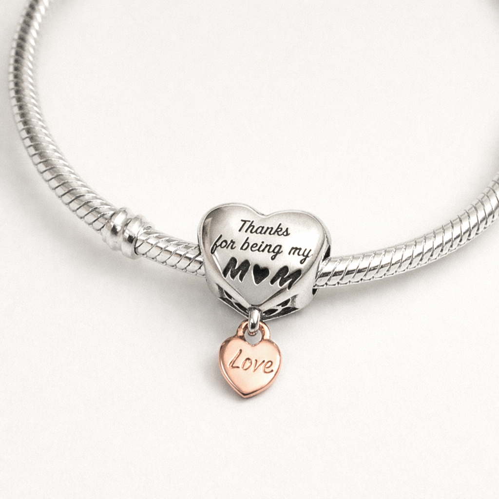MariaFonte Bead Charm Cuore Thanks for being my Mom (grazie per essere la mia mamma) Argento 925 Compatibile con Collane e Bracciali Pandora
