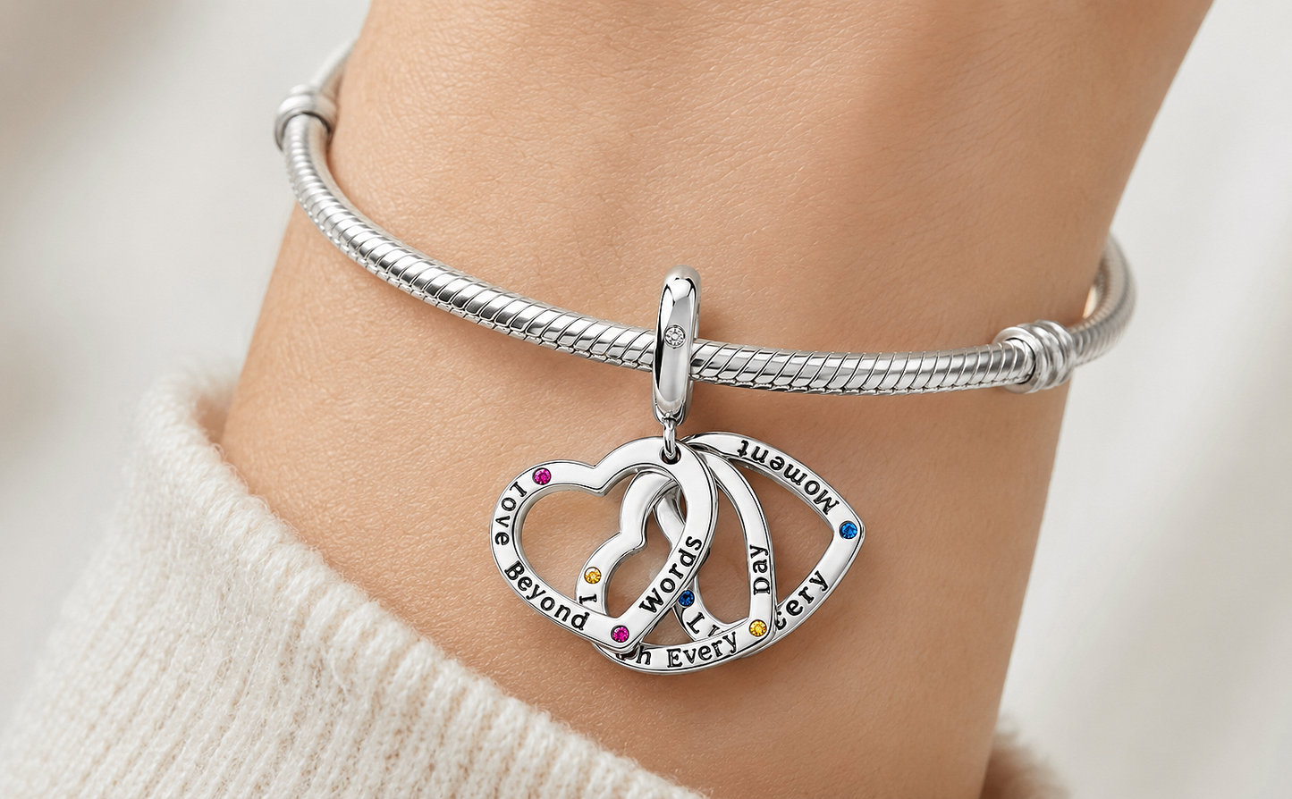 Maria Fonte Bead Charm Cuore Triplo in Argento 925 con Zirconia Compatibile con Collane e Bracciali Pandora