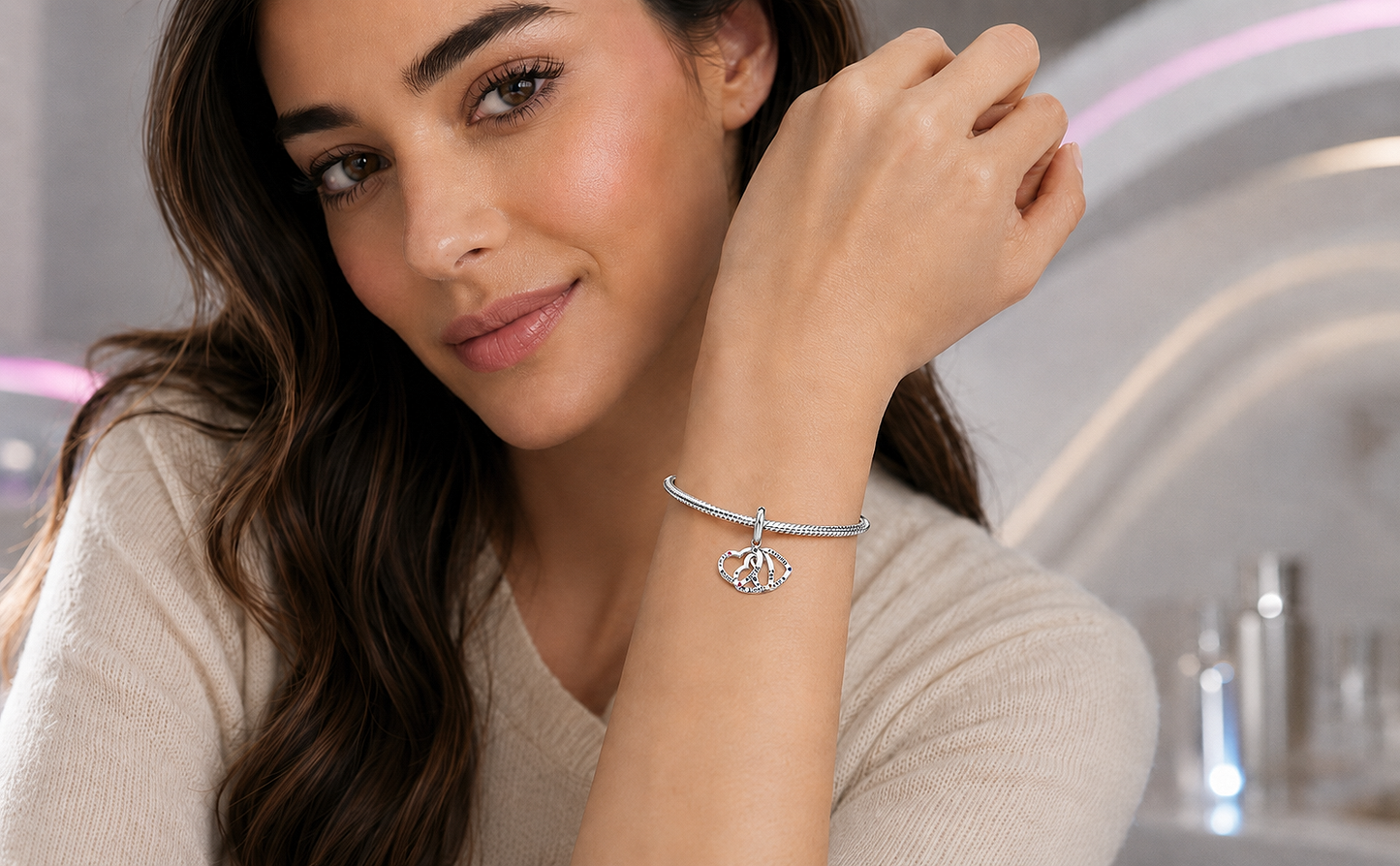Maria Fonte Bead Charm Cuore Triplo in Argento 925 con Zirconia Compatibile con Collane e Bracciali Pandora