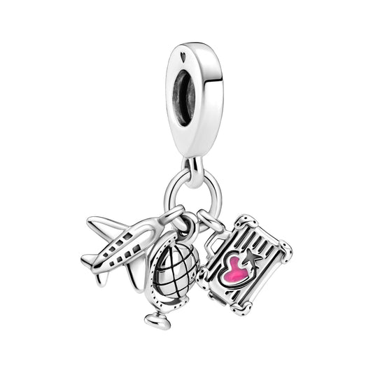 MariaFonte Charm Ciondolo Aereo Mappamondo Valigia Viaggio Argento 925 con Zirconia Compatibile con Collane e Bracciali