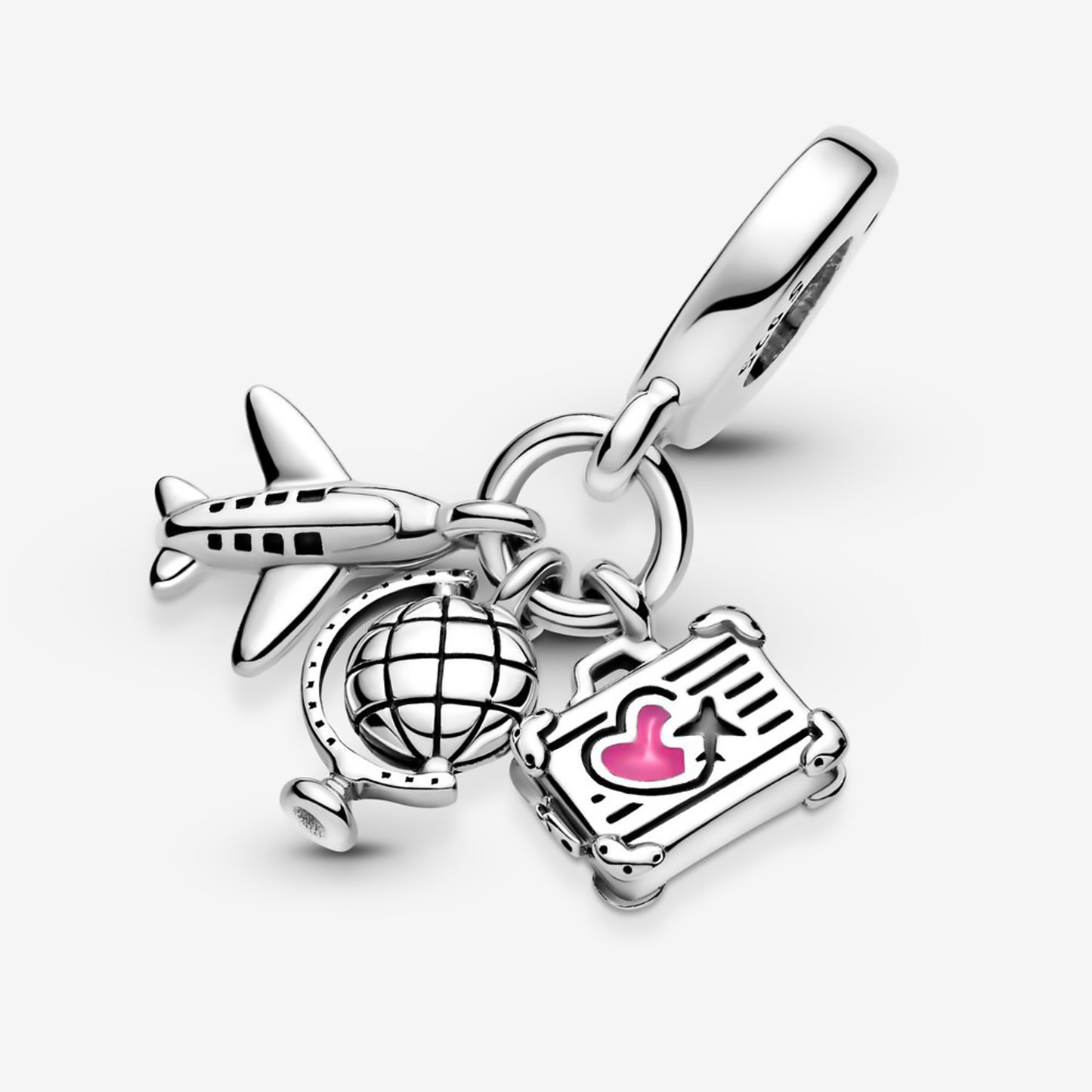 MariaFonte Charm Ciondolo Aereo Mappamondo Valigia Viaggio Argento 925 con Zirconia Compatibile con Collane e Bracciali