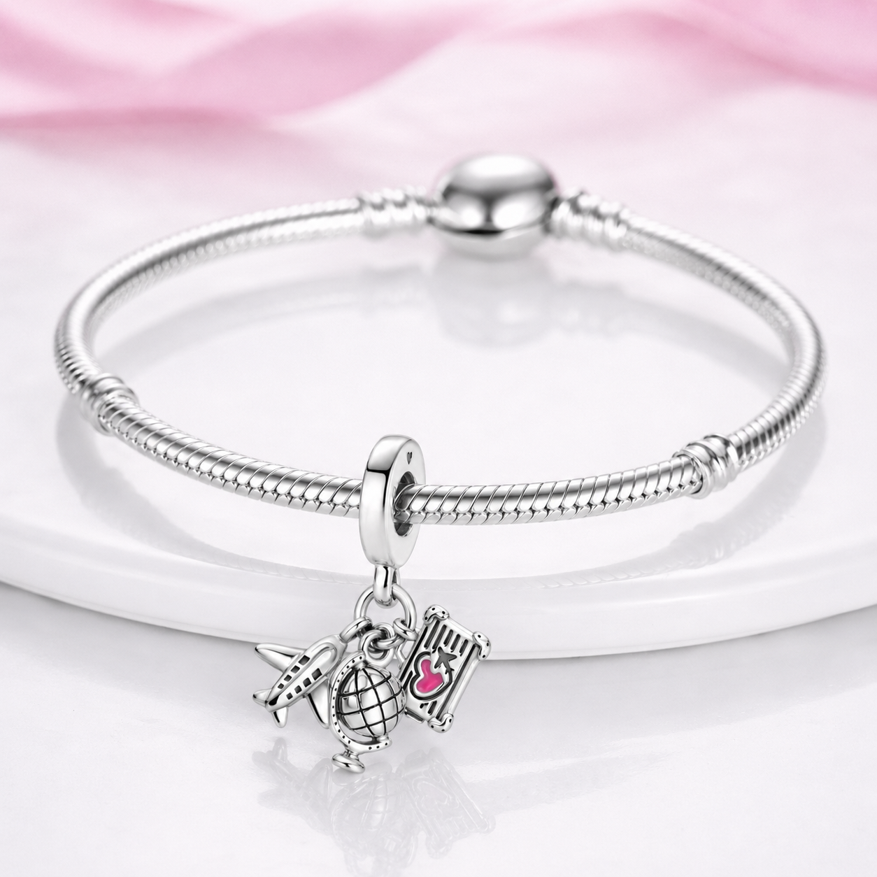 MariaFonte Charm Ciondolo Aereo Mappamondo Valigia Viaggio Argento 925 con Zirconia Compatibile con Collane e Bracciali