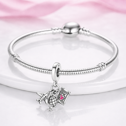MariaFonte Charm Ciondolo Aereo Mappamondo Valigia Viaggio Argento 925 con Zirconia Compatibile con Collane e Bracciali