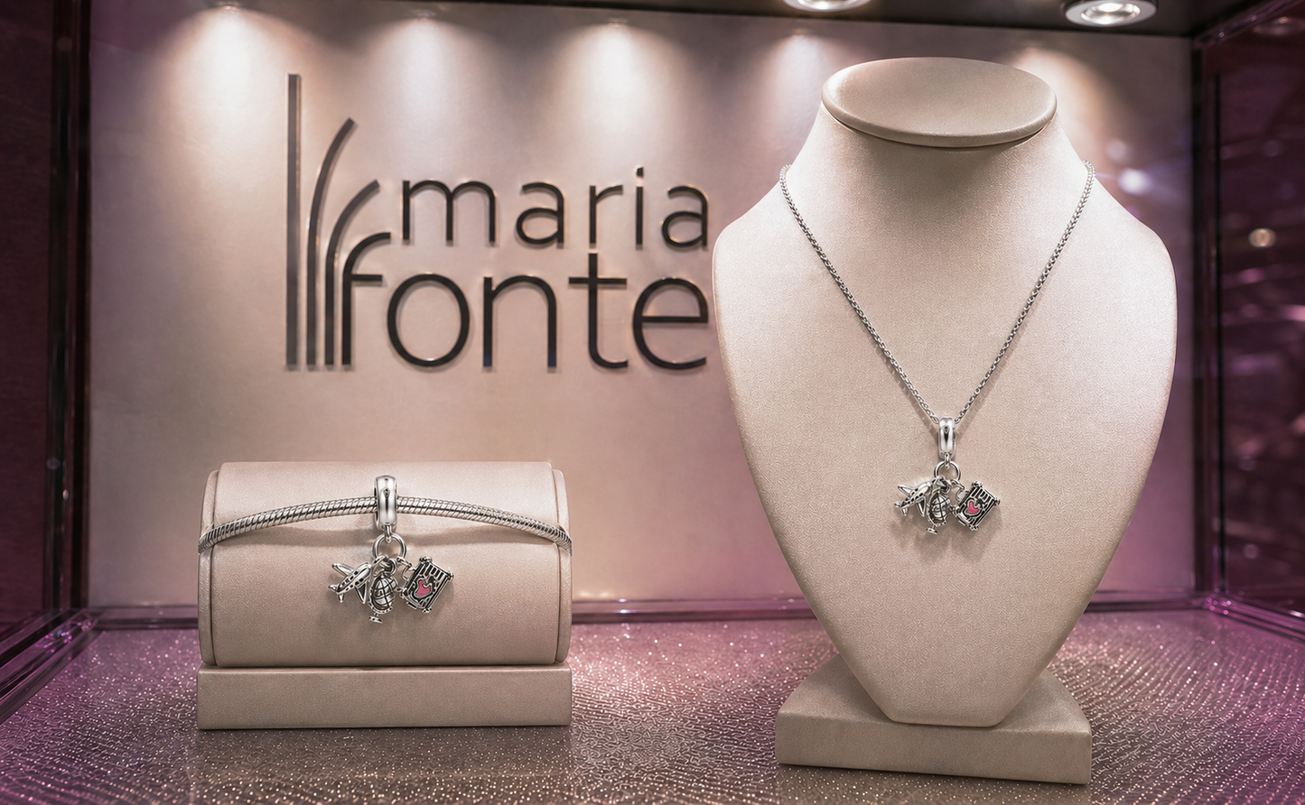 MariaFonte Charm Ciondolo Aereo Mappamondo Valigia Viaggio Argento 925 con Zirconia Compatibile con Collane e Bracciali