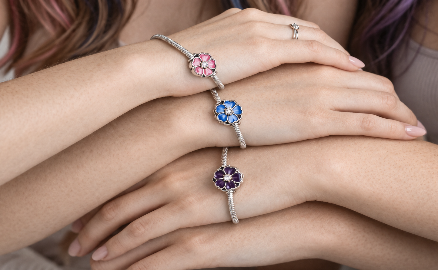 Maria Fonte Bead Charm Ciondolo Viola del Pensiero in argento 925 Compatibile con Collane e Bracciali Pandora Colore Rosa Blu e Viola