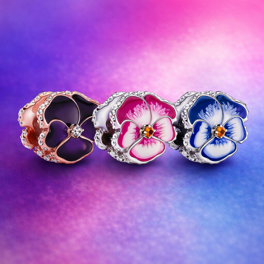 Maria Fonte Bead Charm Ciondolo Viola del Pensiero in argento 925 Compatibile con Collane e Bracciali Pandora Colore Rosa Blu e Viola