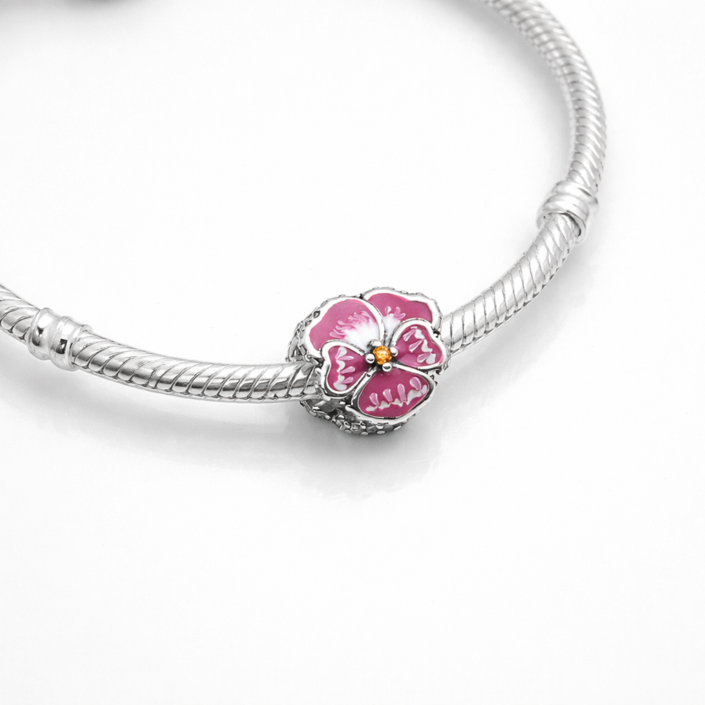 Maria Fonte Bead Charm Ciondolo Viola del Pensiero in argento 925 Compatibile con Collane e Bracciali Pandora Colore Rosa Blu e Viola