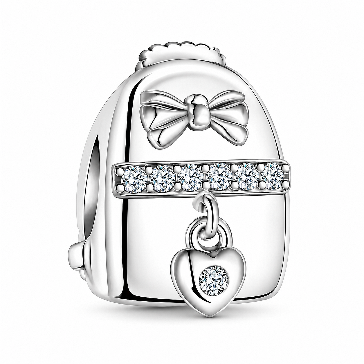 MariaFonte Charm Zaino con Fiocco e Cuore Pendente in Argento 925 con Zirconi Compatibile con Collane e Bracciali