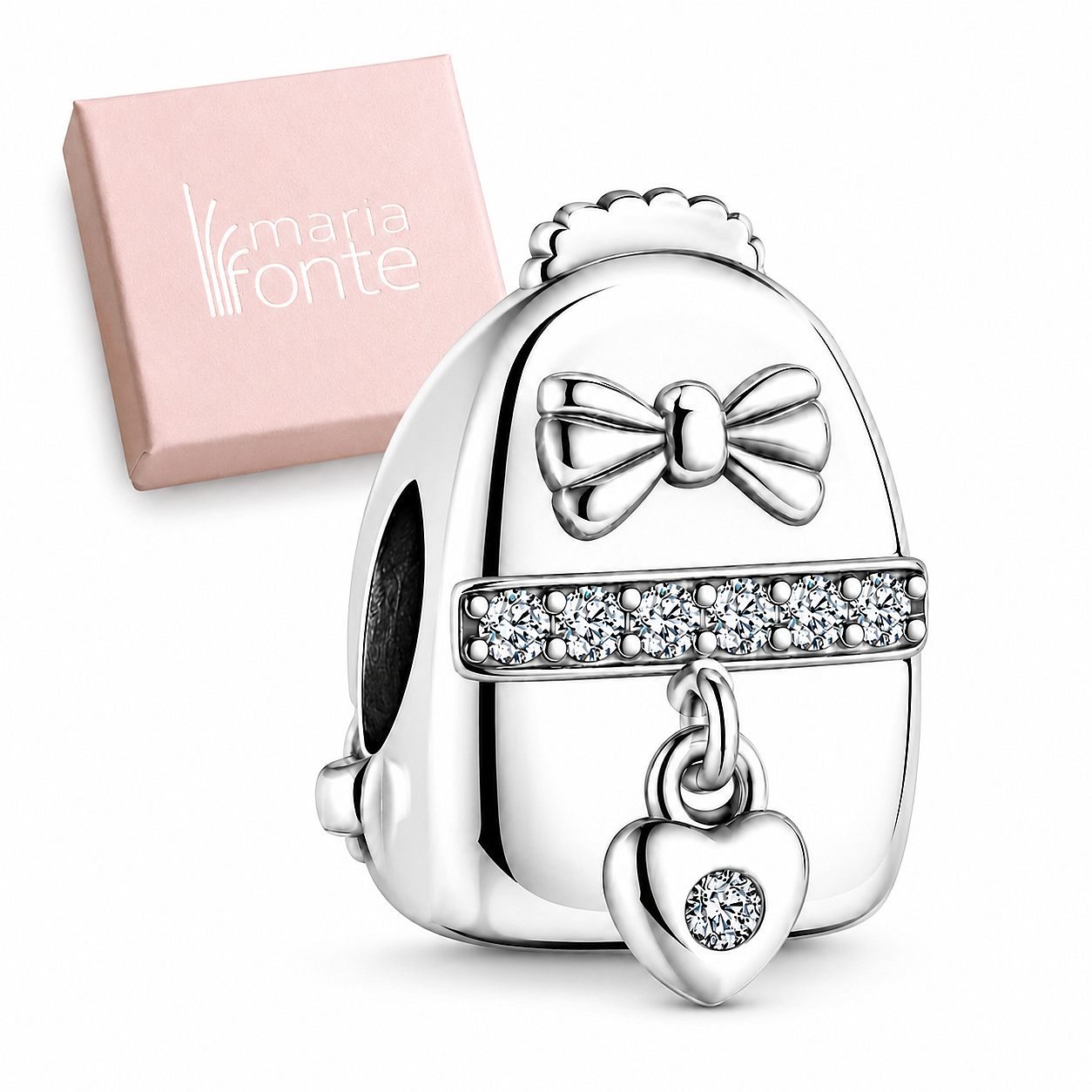 MariaFonte Charm Zaino con Fiocco e Cuore Pendente in Argento 925 con Zirconi Compatibile con Collane e Bracciali
