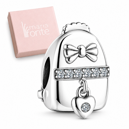 MariaFonte Charm Zaino con Fiocco e Cuore Pendente in Argento 925 con Zirconi Compatibile con Collane e Bracciali