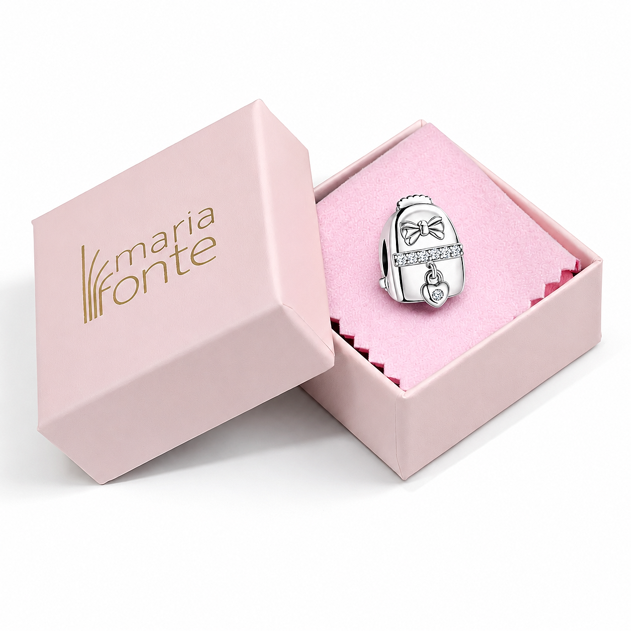 MariaFonte Charm Zaino con Fiocco e Cuore Pendente in Argento 925 con Zirconi Compatibile con Collane e Bracciali