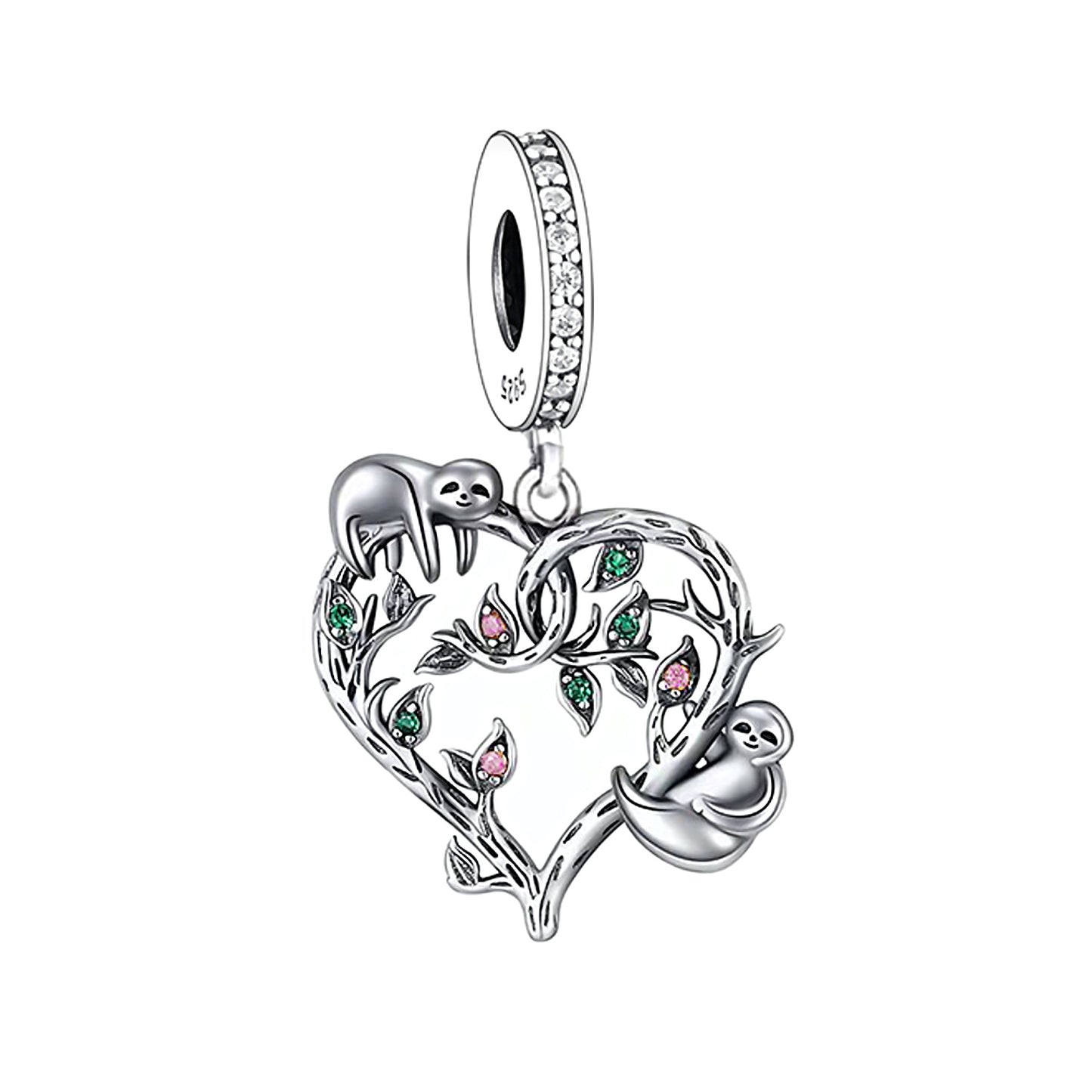 Maria Fonte Bead Charm Cuore Albero Rami Foglie Bradipo in Argento 925 con Zirconia Compatibile con Collane e Bracciali Pandora