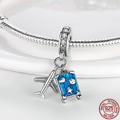 Maria Fonte Bead Charm Ciondolo Aereo Trolley Valigia Viaggio Argento 925 con Zirconia Compatibile con Collane e Bracciali Pandora