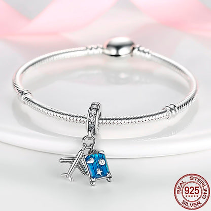 Maria Fonte Bead Charm Ciondolo Aereo Trolley Valigia Viaggio Argento 925 con Zirconia Compatibile con Collane e Bracciali Pandora