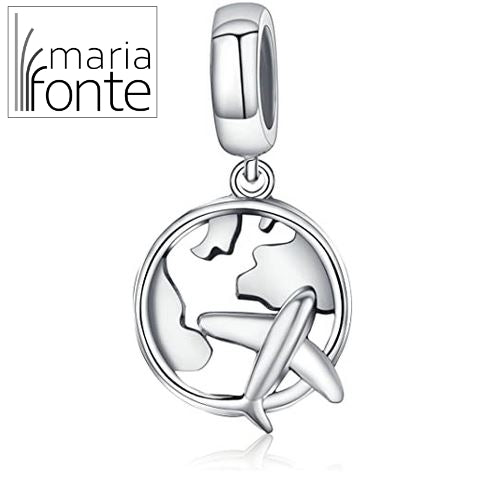 Maria Fonte Bead Charm Ciondolo Planisfero con Aeroplano in Argento 925 Compatibile con Bracciali Pandora